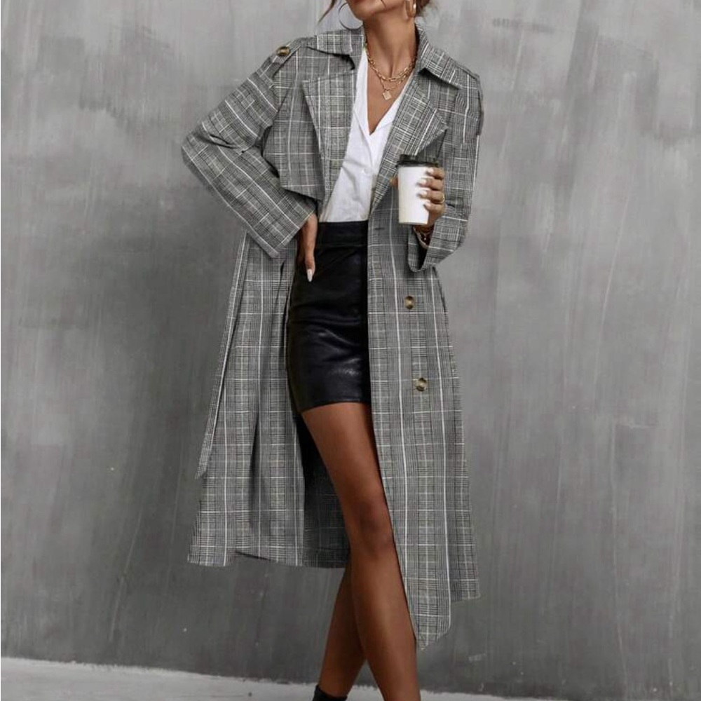 Plaid double breasted belted trend coat